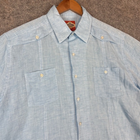 San Cristobal Shirt Mens Large Guayabera Mexican Wedding Button Up 4 Pocket Blue - Picture 3 of 9